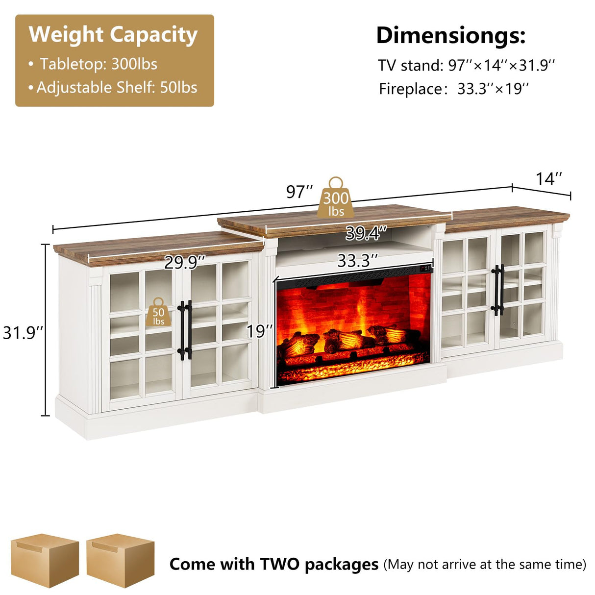 LUXOAK 97" Farmhouse TV Stand with 33" Fireplace for TVs up to 100", Media Entertainment Center with Large Storage Cabinet Adjustable Shelves for Living Room, White/Barnwood LUXOAK