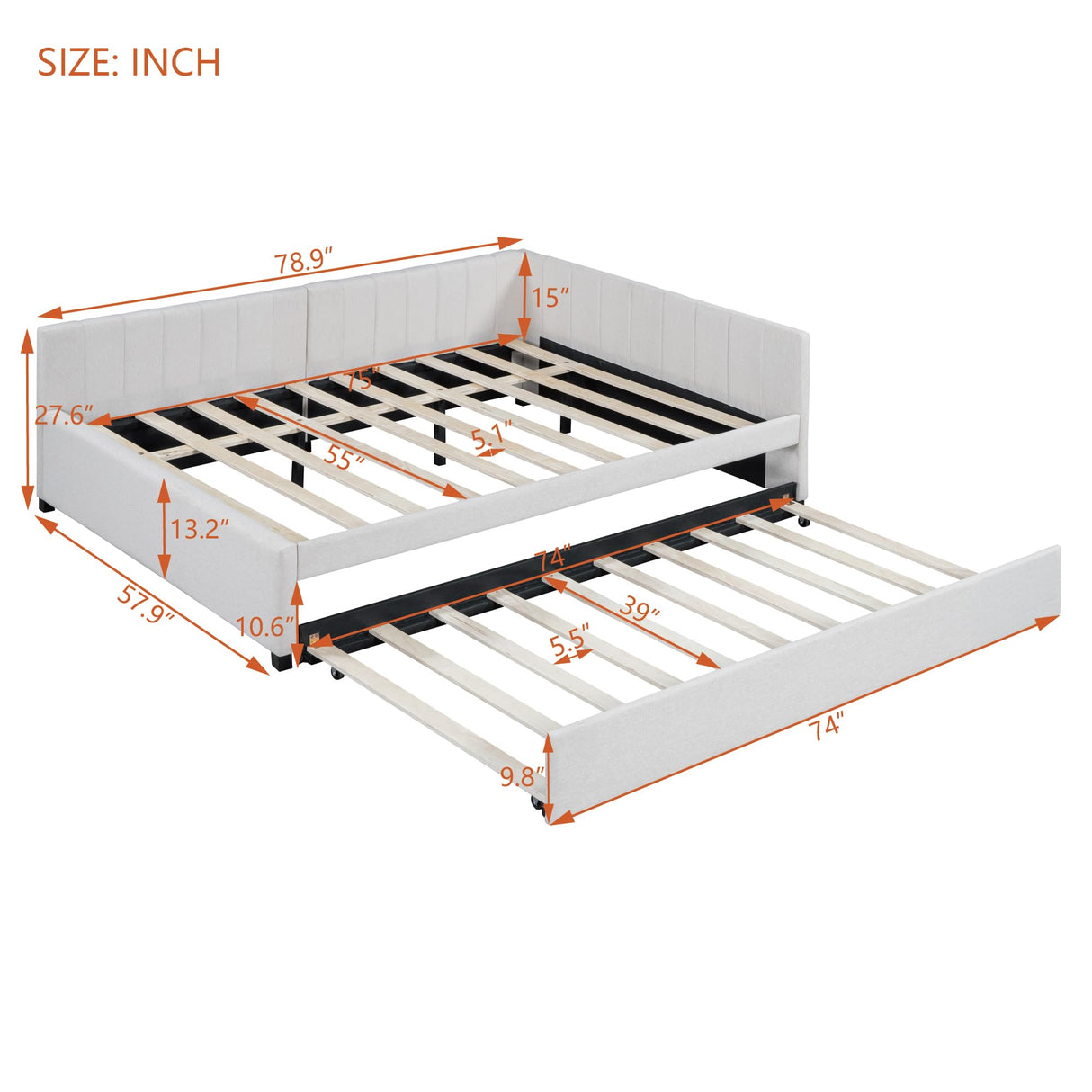 PVWIIK Full Size Daybed with Trundle for Bedroom,Guest Room,Solid Wood Bed Frame w/Wood Slat Support,Upholstered Backrest for Adults/Kid,No Box Spring Needed, Beige PVWIIK