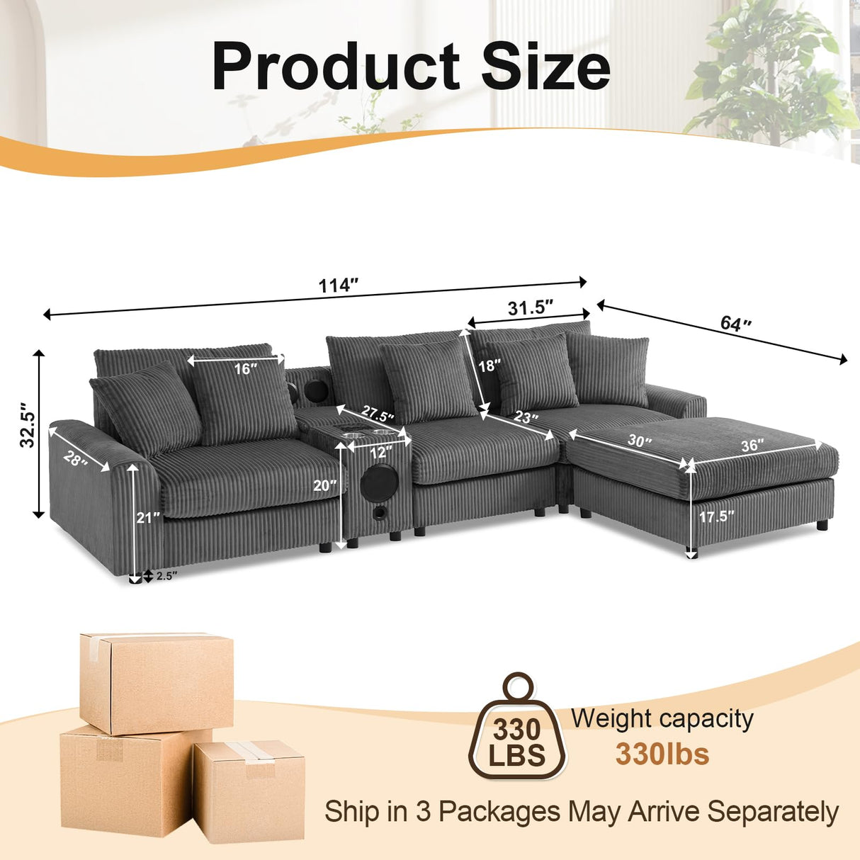 MAKIAAP 114" Corduroy Sectional Modular Couch with Bluetooth Speakers, L Shaped Couches Comfy Deep Sofa with Console, USB Charger, Cup Holders, Storage, Ottoman for Living Room (Gray, 114in) MAKIAAP