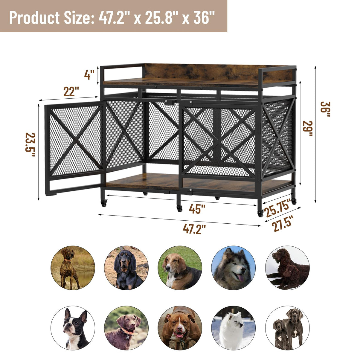 Dog Crate Furniture 48 Inch Wooden Dog Kennel for XLarge Dogs, Heavy Duty Dogs Furniture Indoor Wire Dog Cage with Adjustable Feet & 360° Wheels, Decorative Pet House End Table, Antique Brown COZPAW