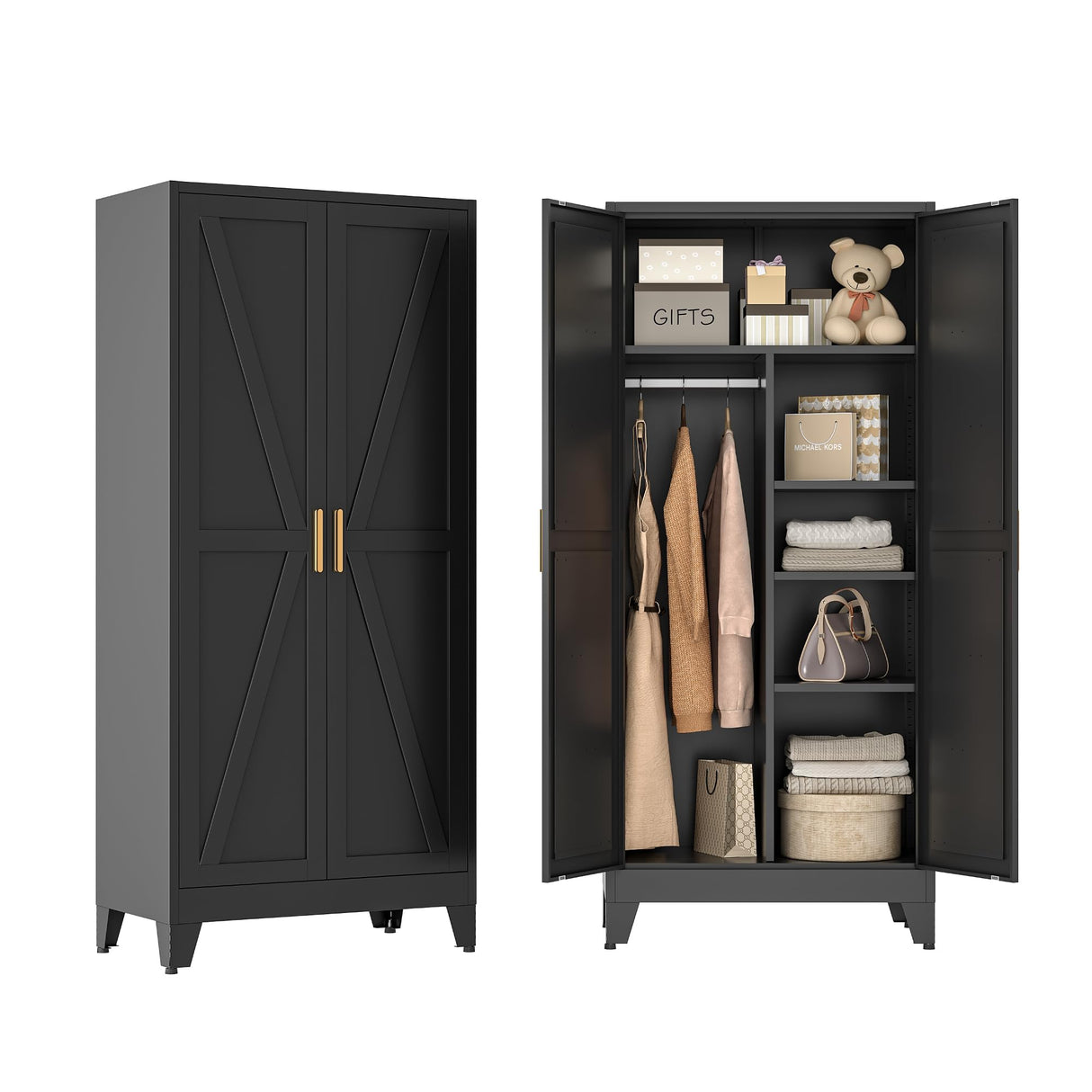 Metal Combination Cabinet, Black Wardrobe Closet Cabinets with Doors and Shelves, 71" Farmhouse Bedroom Armoire Closet with Hanging Rod and Clothing Shelf, White Steel Wardrobe Cabinet for Bedroom Bevivog