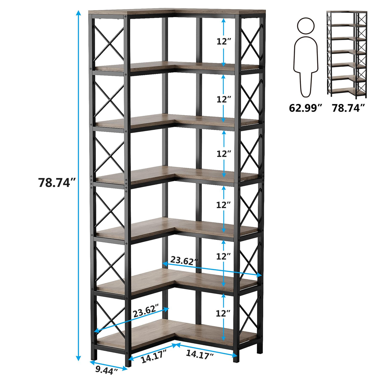 Tribesigns 7-Shelf Corner Bookshelf,Large Modern Corner Bookcase, 7-Tier Tall Corner Shelf Storage Display Rack with Metal Frame for Living Room Home Office (Grey) Tribesigns