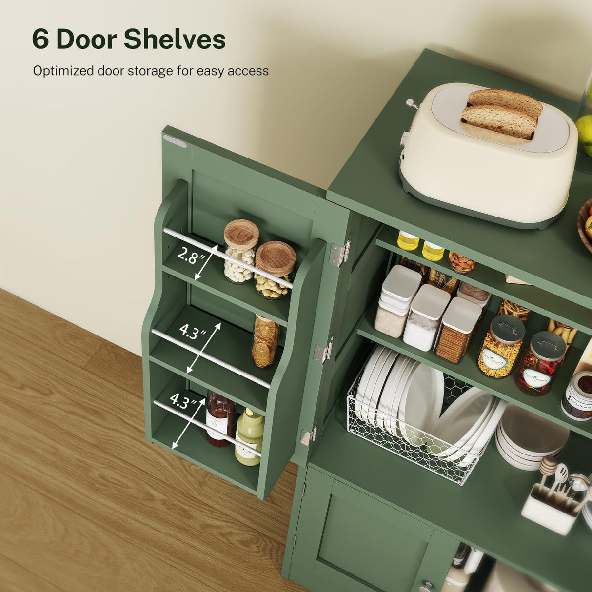 TEENFON 43" H Storage Cabinet with 4 Doors, Kitchen Cabinet with 6 Door Shelves, Kitchen Pantry Cabinets for Living Room, Dining Room, Bathroom, Forest Green TEENFON