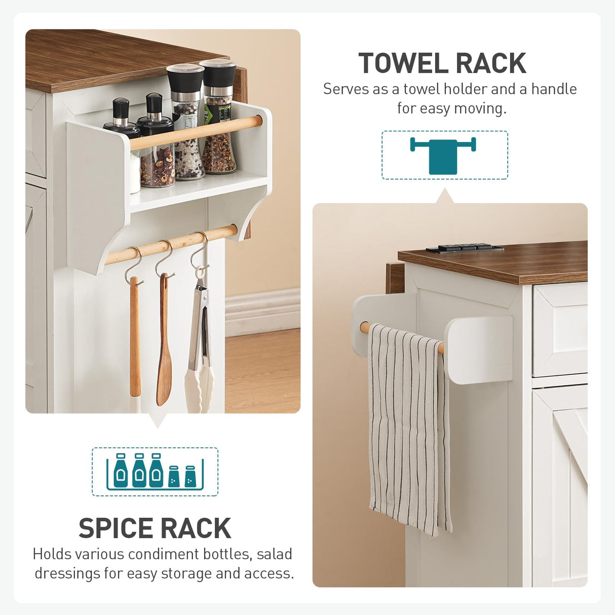 RALGEND Kitchen Island with Drop Leaf, Kitchen Cart with Charging Station, Kitchen Table with Storage, Rolling Island Table with 3 Drawers, Towel Rack and Spice Rack, White and Walnut RALGEND