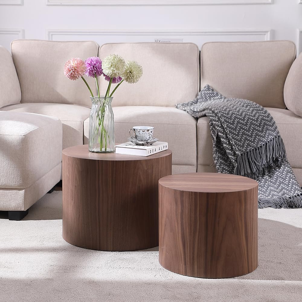 WILLIAMSPACE Nesting End Table Walnut, Wooden Round Coffee Tables Modern Circle Table Set of 2 for Small Space Living Room Bedroom Accent Side Table (Walnut, Round) WILLIAMSPACE
