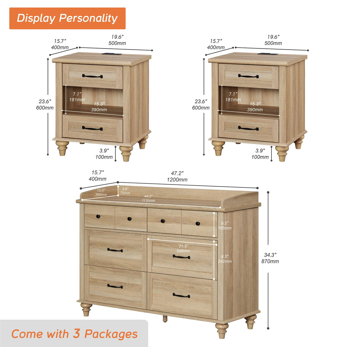 WAMPAT 3 Piece Dresser and Nightstand Sets, Light Wood Dresser & Chest of Drawers with 6 Drawers & Metal Handle, Set of 2 Nightstands Side Table with Charging Staion, 3 Piece Bedroom Set, Oak WAMPAT
