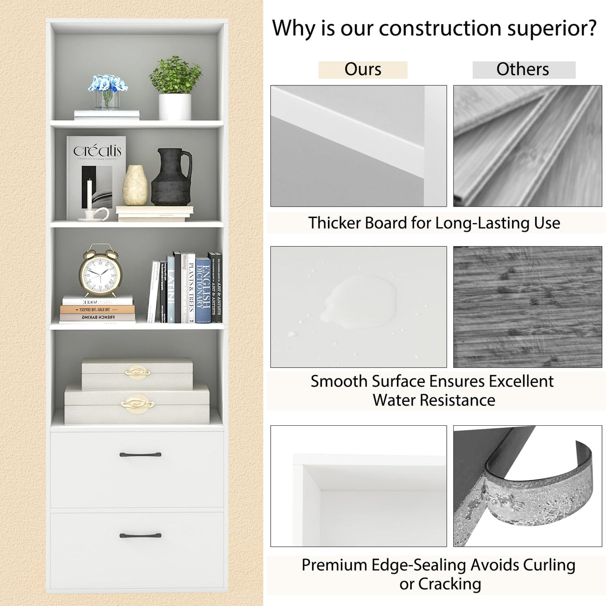 IFANNY 4 Shelf Bookcase with Drawers, Tall Bookshelves and Bookcases, Vertical Bookshelf Tower, Wood Storage Shelves, Modern Book Shelf for Bedroom, Living Room, Home Office (White, 74''H) IFANNY