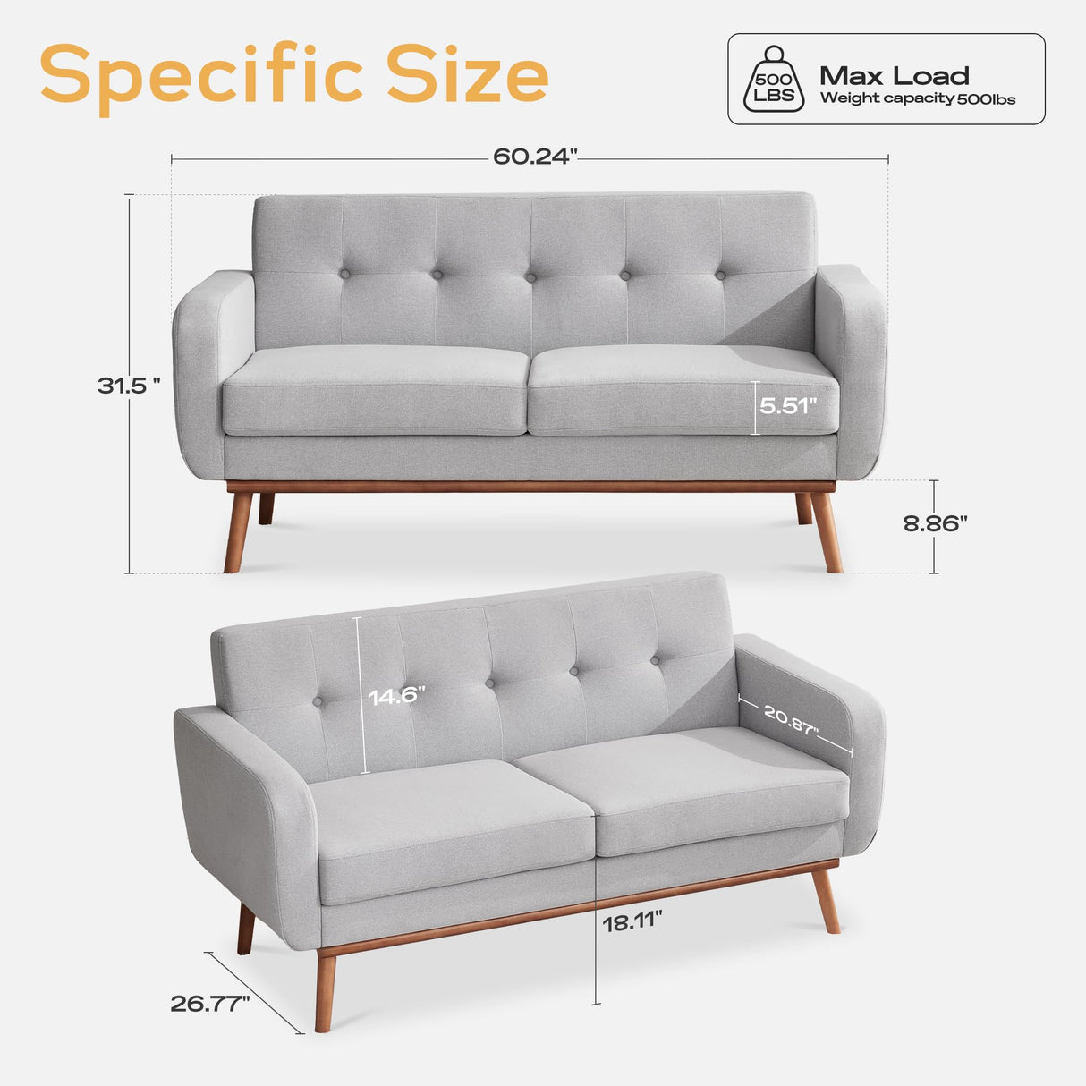 HUIMO Living Room Set, Button Tufted Living Room Furniture Sets, Upholstered Modern Couch Set with Solid Frame, Deep Seat Sofa Set for Living Room, Office (Light Grey, 3 Piece Set-1*loveseat+2*Chair) HUIMO