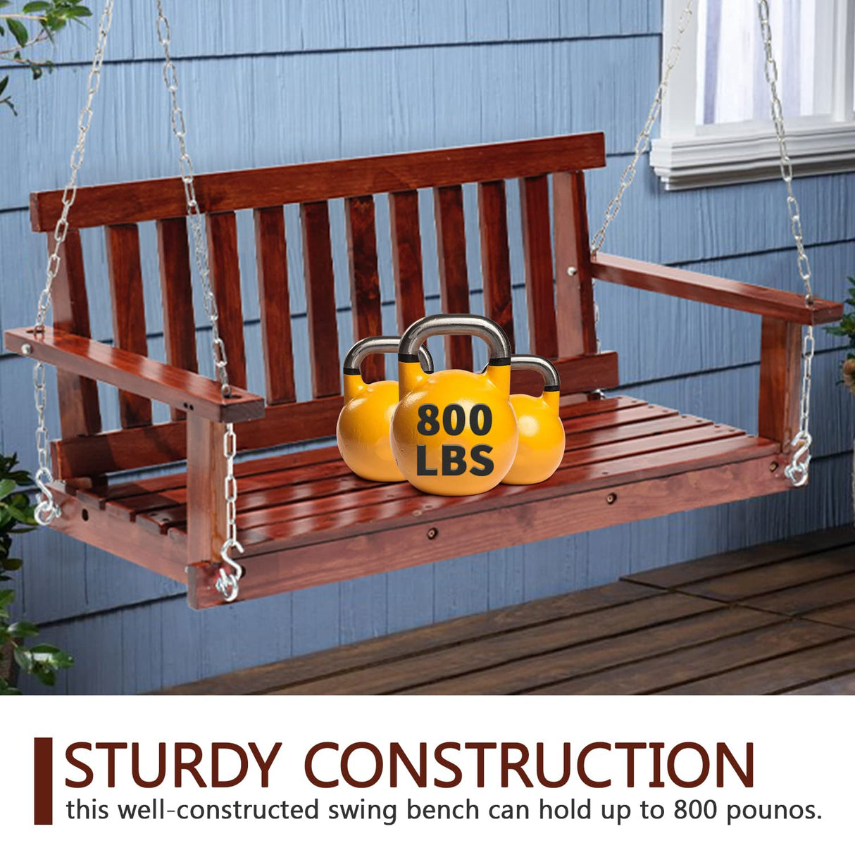 Outdoor Wooden Porch Swings 4Ft/48in Outdoor Swings Heavy Duty 800lb Weight Capacity Swing Bench for Adults with Hanging Chains and Fixing Screw for Garden and Backyard,Brown PayLessHere