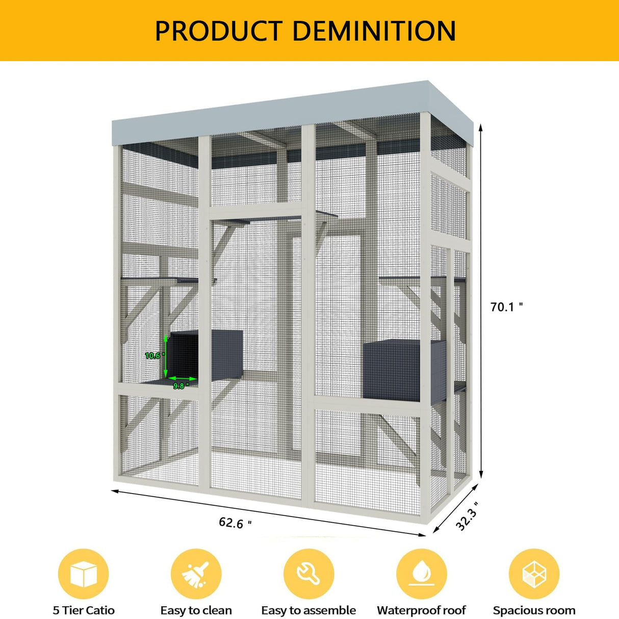 MegaChoice 70" Large Wood Catio Outdoor Cat Enclosure, Outdoor Cat Cage with Waterproof Cover,Wooden Walk in Cat Shelter Platforms & 2 Resting Box, UV Resistant (Grey) MegaChoice
