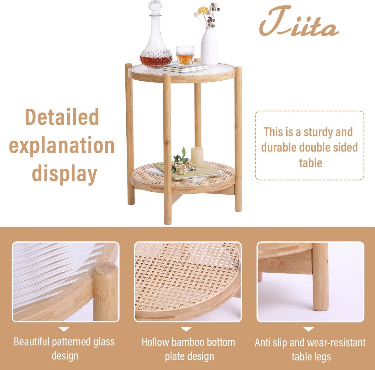 Tiita Rattan Coffee Table, Round End Table, 19.7Inch Modern Side Table, Small Bamboo Living Room Side Table, Glass Sofa End Table for Balcony and Office Outdoor/Indoor (Horizontal Stripe) Tiita