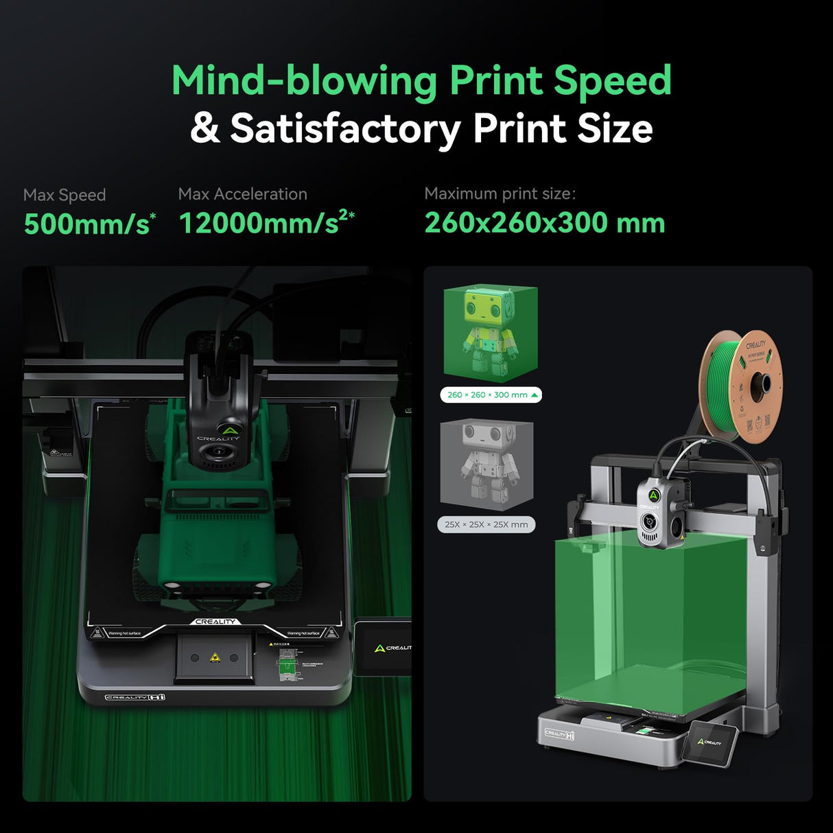 Creality Hi Combo 3D Printer, Multi Color 3D Printer with CFS, 500mm/s High Speed Auto-Leveling Automatic Filament Reading Clog-Free Extruder 95% Pre-Assemble All-Metal Body 10.24×10.24×11.81inch Creality