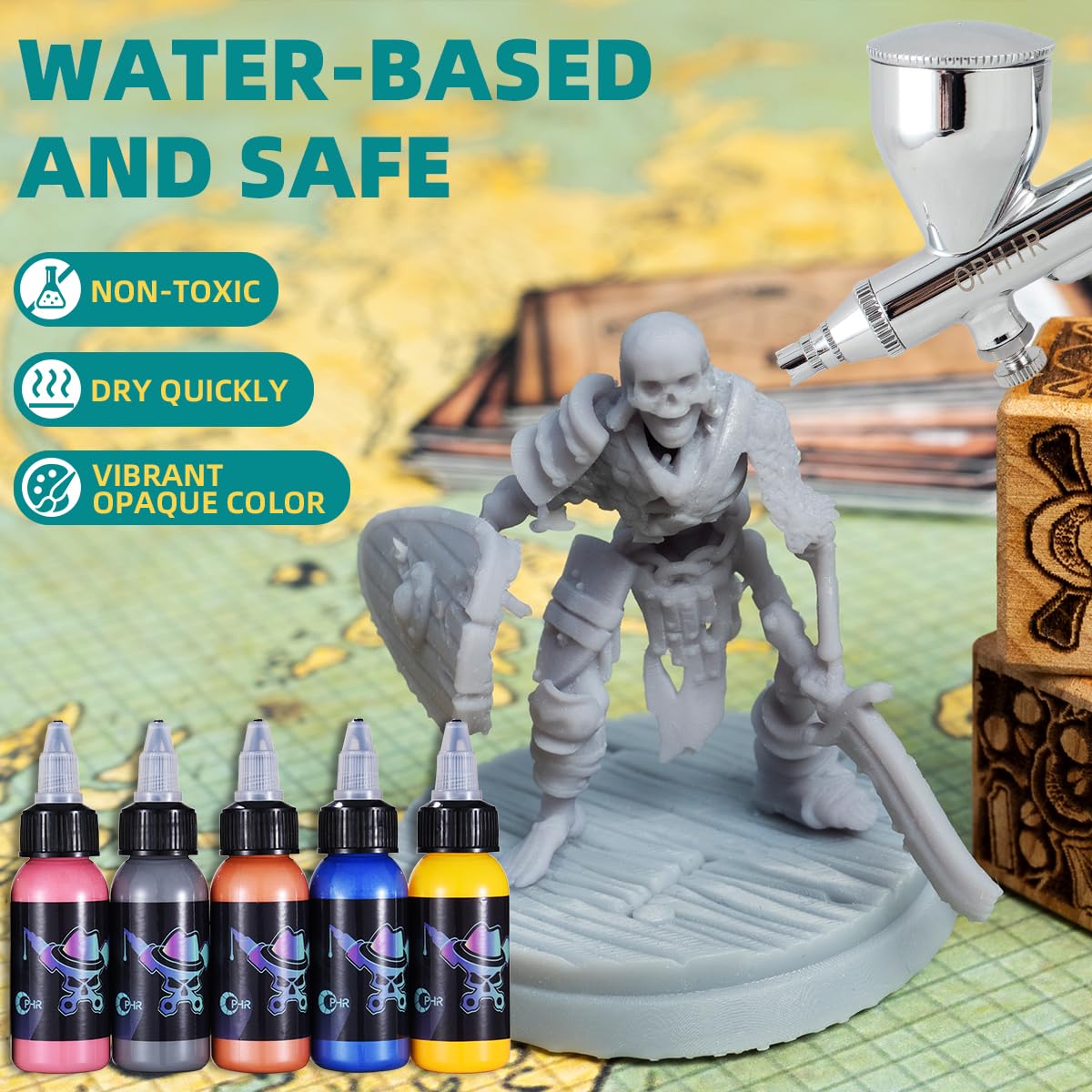 OPHIR Airbrush Paint, 50 Bottles of Model Air Brush Paint Set, Water-Based Opaque Acrylic Airbrush for Shoes, Rocks, Paper-Professional 48 Colors, 1.05 oz/Bottle OPHIR