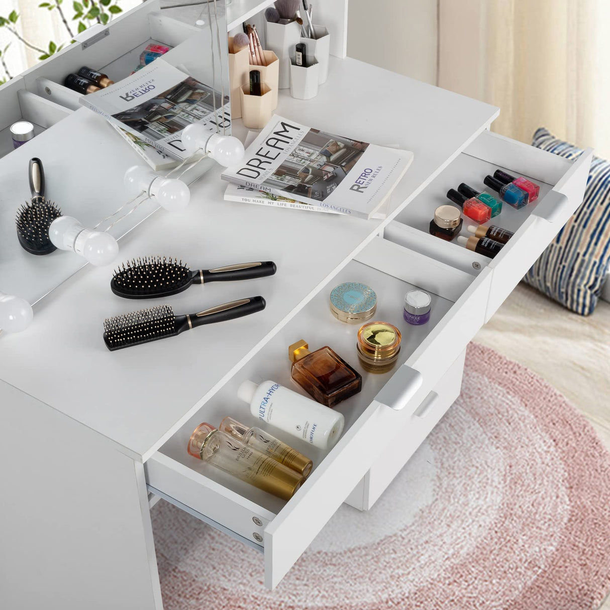 Karl home Vanity Desk with Sliding Mirror, 6-Drawer Makeup Vanity, Bedroom Makeup Desk, Vanity Table with Adjustable Brightness & 3 Colour Light Modes,White Karl home