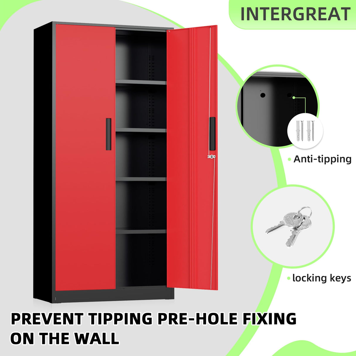 Bonusall 72" Metal Garage Storage Cabinet, 2 Locking Doors & 4 Adjustable Shelves Tall Storage, Heavy Duty Steel Tool Cabinet for Home, Office, Warehouse, School (Black Red) Bonusall