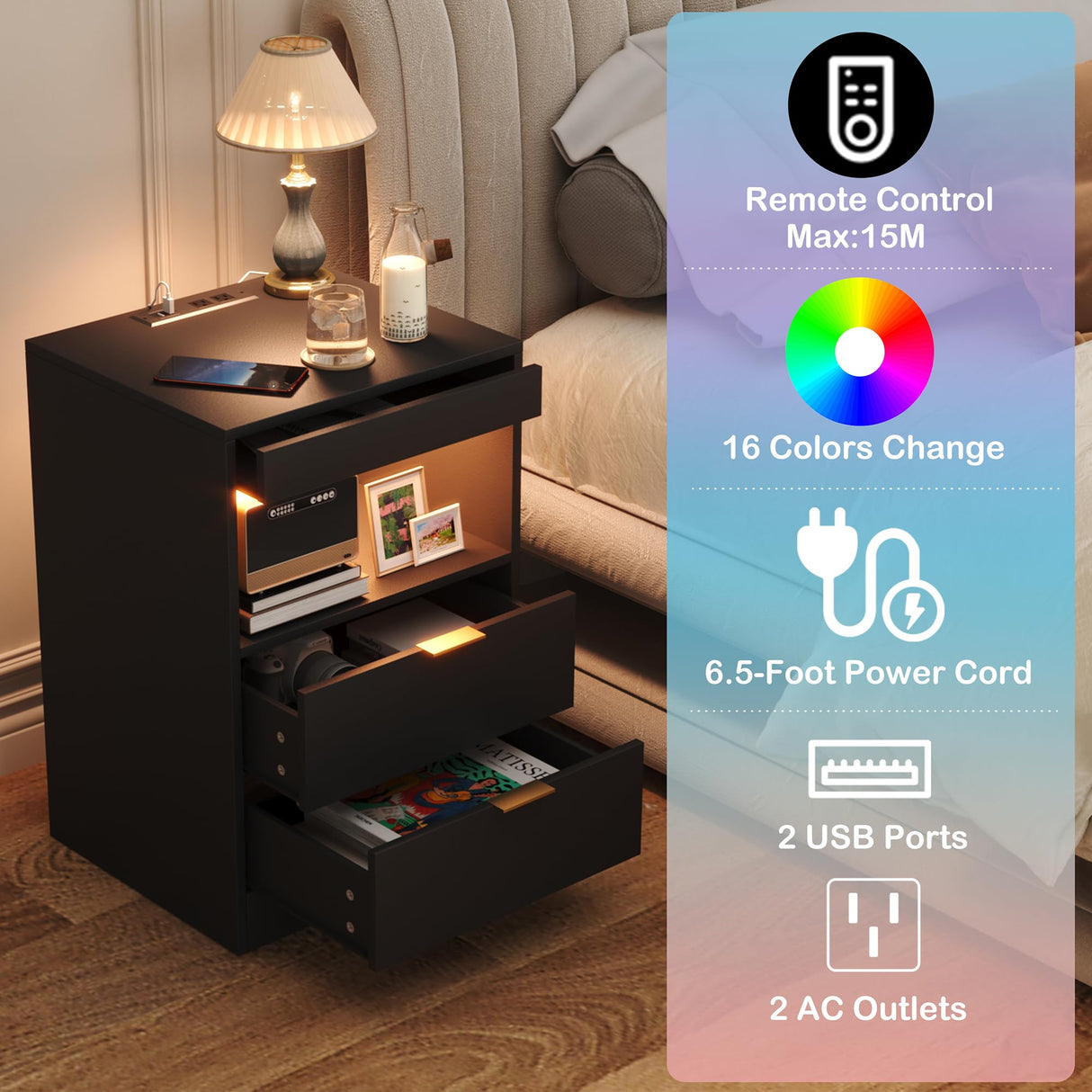 Yusong Night Stand, Bedside Table, LED Nightstand with Charging Station, Modern Night Stand, Wood Sofa Couch End Side Table with 2 Pull-Out Shelf (Black) Yusong