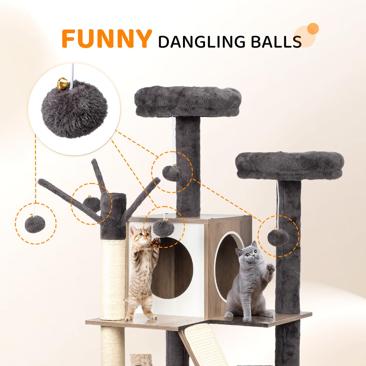 VINGLI Cat Tree Tower with Litter Box, Houses for Indoor Kittens, 53" All-in-1 Wooden Cats Condo, Cat Tower wih Scratching Posts, Hidden Cat Washroom Furniture, Gray VINGLI
