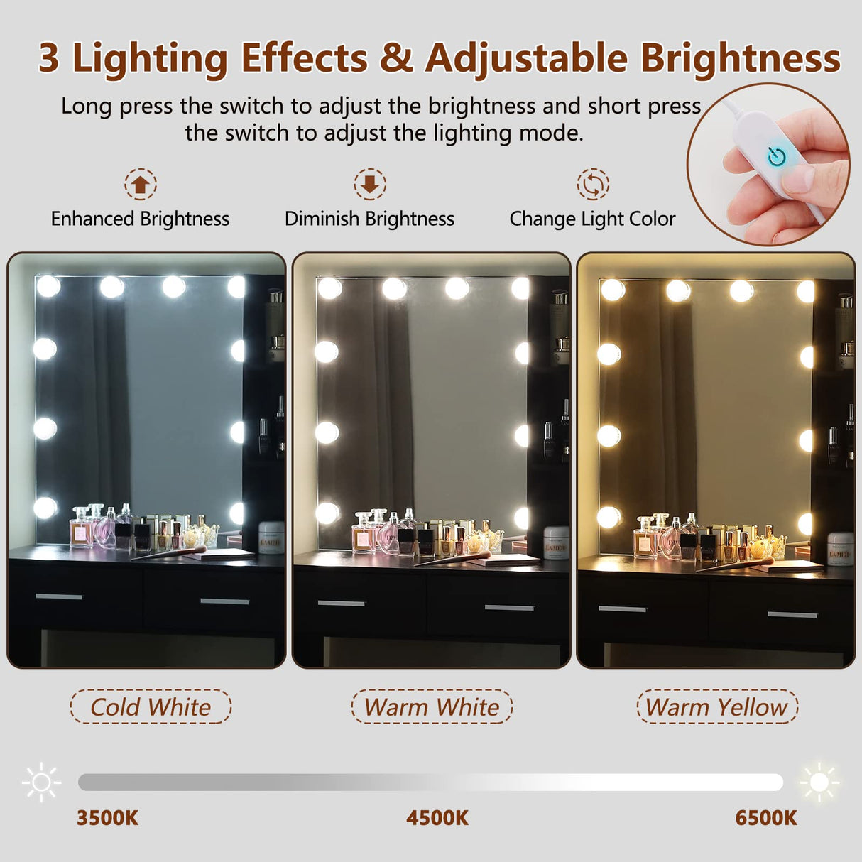 usikey Large Vanity Desk with Mirror & 10 LED Lights, Makeup Vanity Dressing Table with Power Strip, Storage Shelves & 5 Drawers, Vanity Table Set with Cushioned Stool for Women Girls, Black usikey