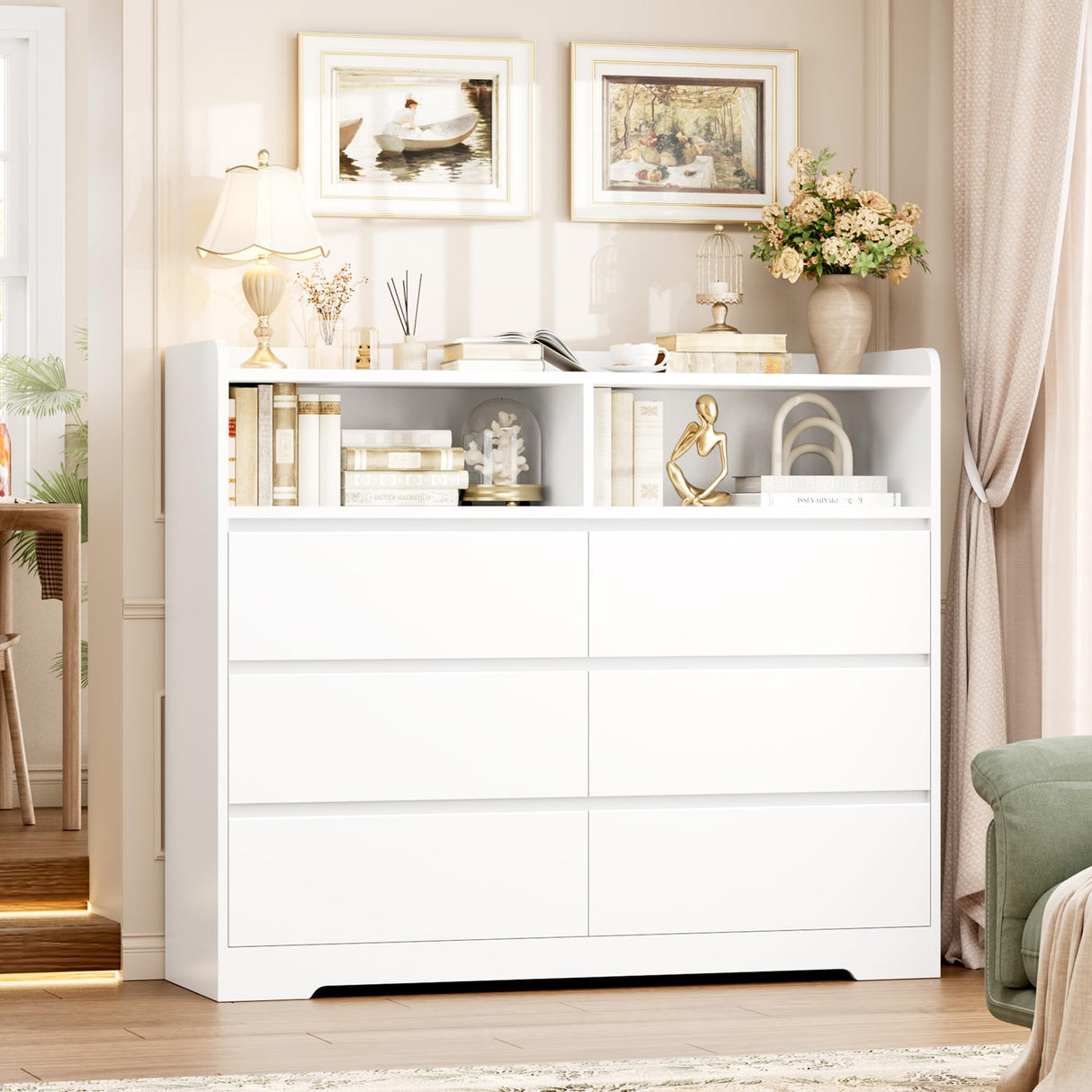 FOTOSOK White Dresser, 47.2" White Modern Chest of Drawers with 2 Open Cabinets, Handless Design Dresser with 6 Drawers, Wood Dressers Storage Drawers for Home & Office FOTOSOK