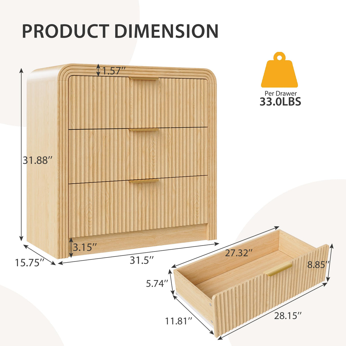 Fluted 3 Drawer Dresser, 31.8'' Tall Dresser for Bedroom, Modern Wood Chest of Drawers with Round Edge & Metal Handle, Large Nightstand with 3 Drawers for Living Room, Hallway, Entryway (Natural Oak) Decofy