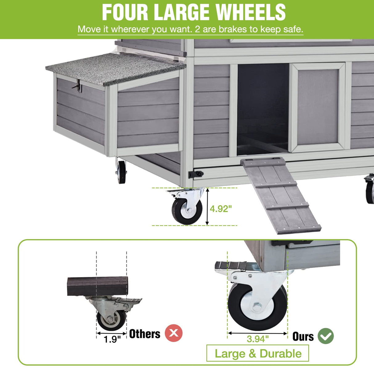 GUTINNEEN Large Chicken Coop on Wheels Mobile Wooden Hen House Weatherproof Duck Poultry Cage 67.3" L for 6-8 Chickens with 6 Nesting Box GUTINNEEN