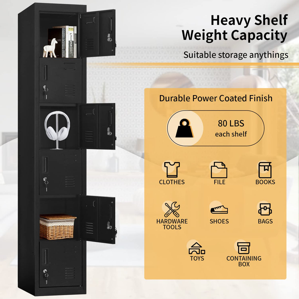 Bonusall Employees Lockers,Metal Office Storage Locker with 6 Door, Tall Steel Lockers with Keys and Lock for School, Gym, Home, Garage,Black Bonusall