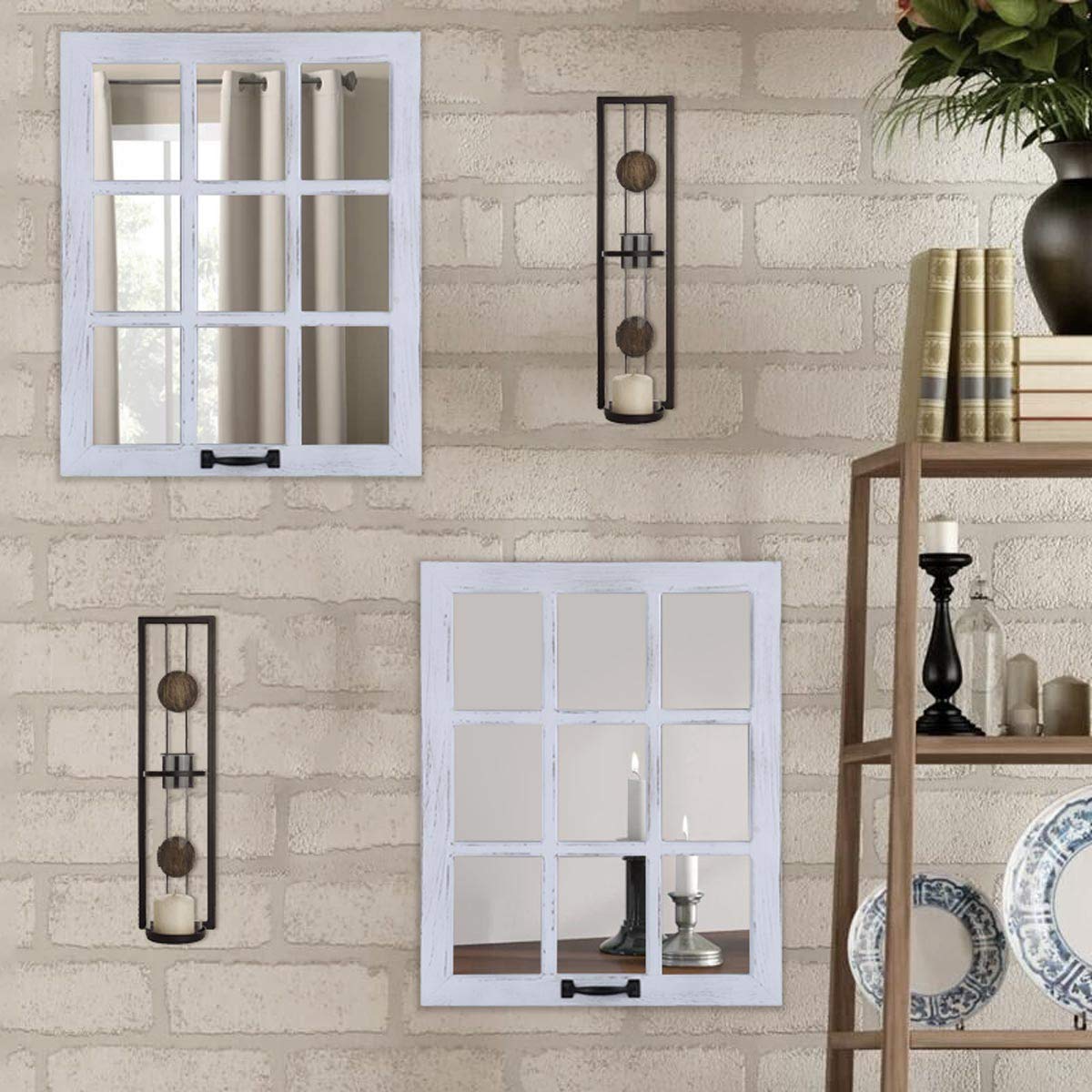 LOSOUR Decorative Wall Mirror-Distressed Wood Windowpane Mirror- Farmhouse Mirrors for Wall with Hanging Hardware for Bedroom Living Room Bathroom Kitchen (1, 18Wx23L) LOSOUR