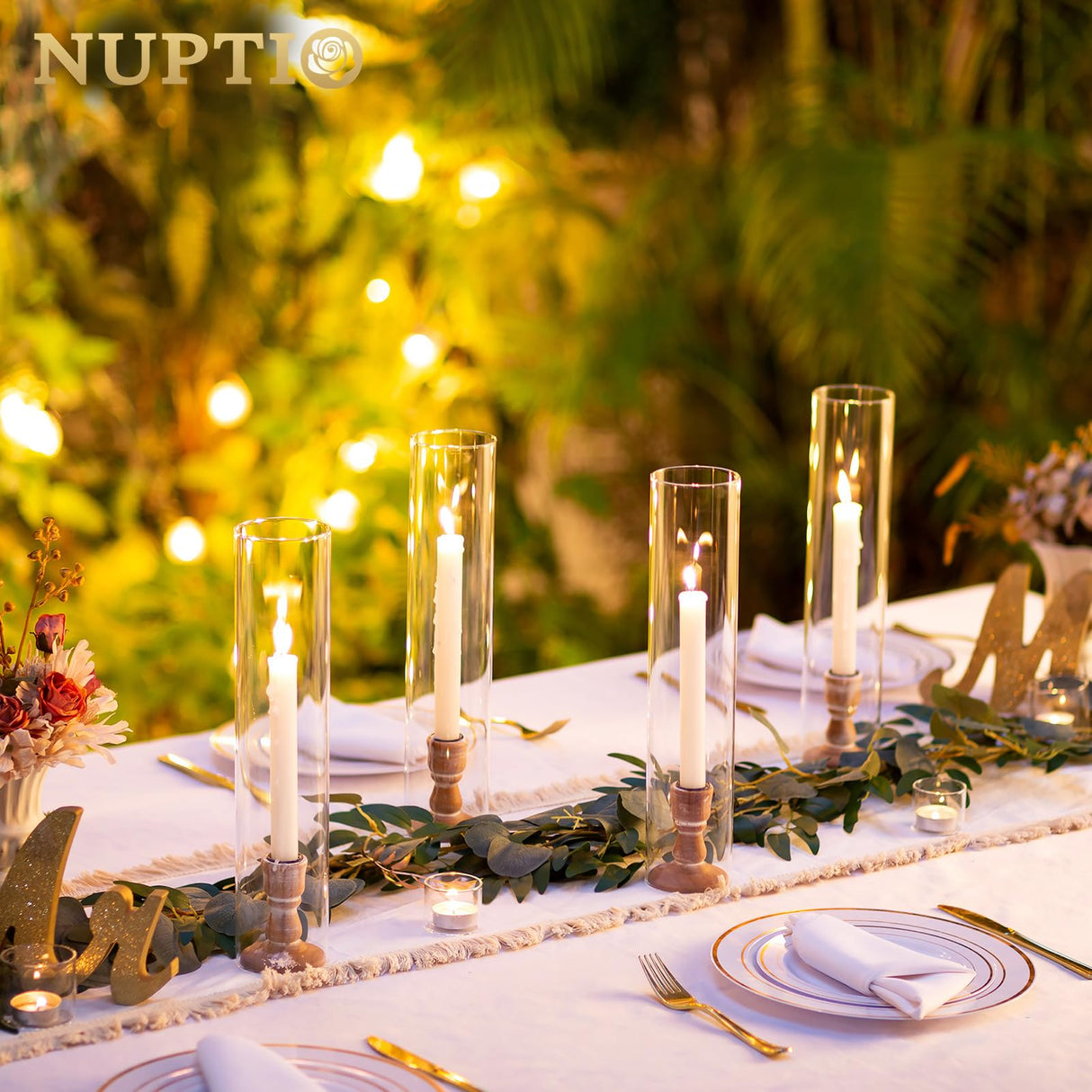 NUPTIO Wooden Candle Stick Holders: 2 Pcs Hurricane Taper Candle Holder 14 inch Rustic Wood Candlesticks Holder with Open Ended Cylinder Shape Cover for Outdoor & Indoor Wedding Party Centerpiece NUPTIO