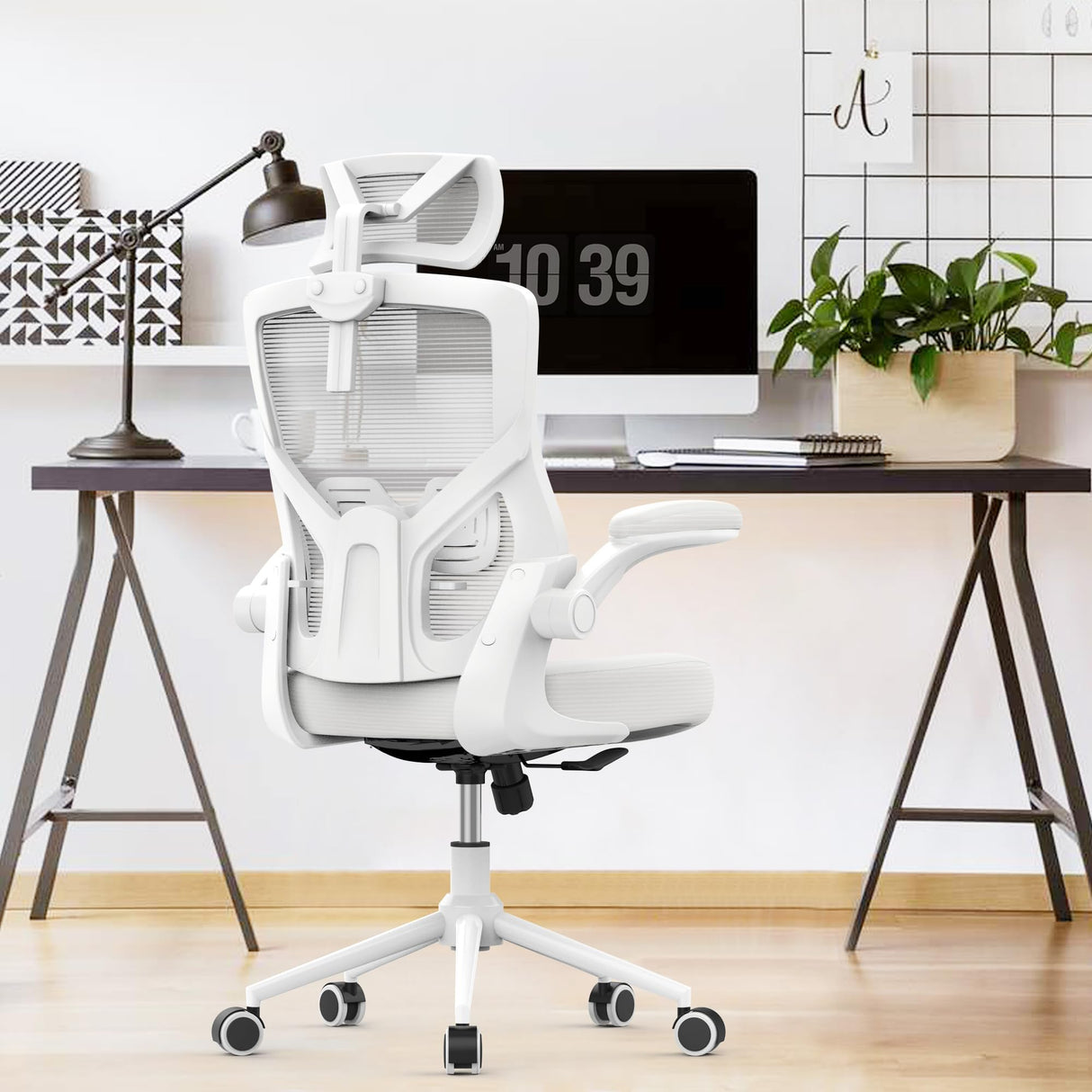 Home Office Chair, Ergonomic Comfy Desk Chair, High Back Computer Chair- Adjustable Headrest with Flip-Up Arms, Lumbar Support, Swivel Executive Task Chair (Modern, White) CYKOV