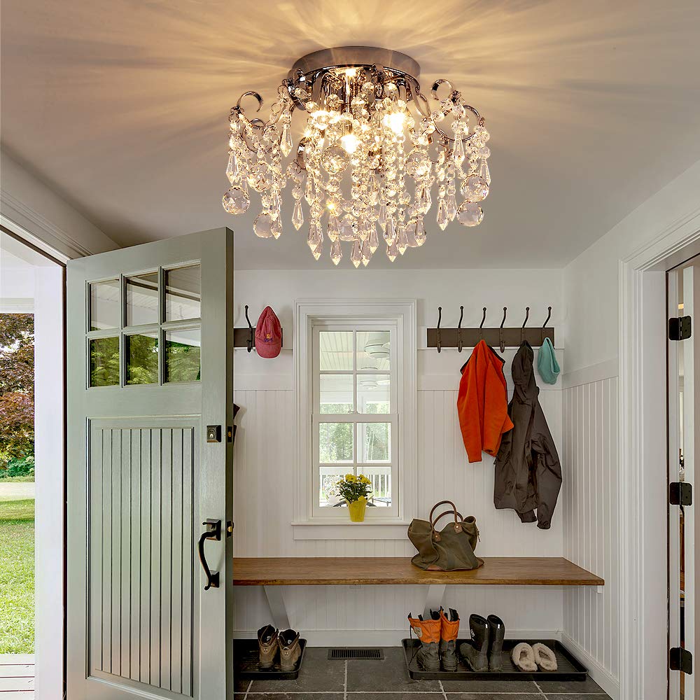 Q&S Small Crystal Chandelier Flush Mount Ceiling Light 3 Lights Modern Chrome Iron Raindrop Crystal Ceiling Fixture for Bedroom Hallway Closet Entryway Stairs Q&S