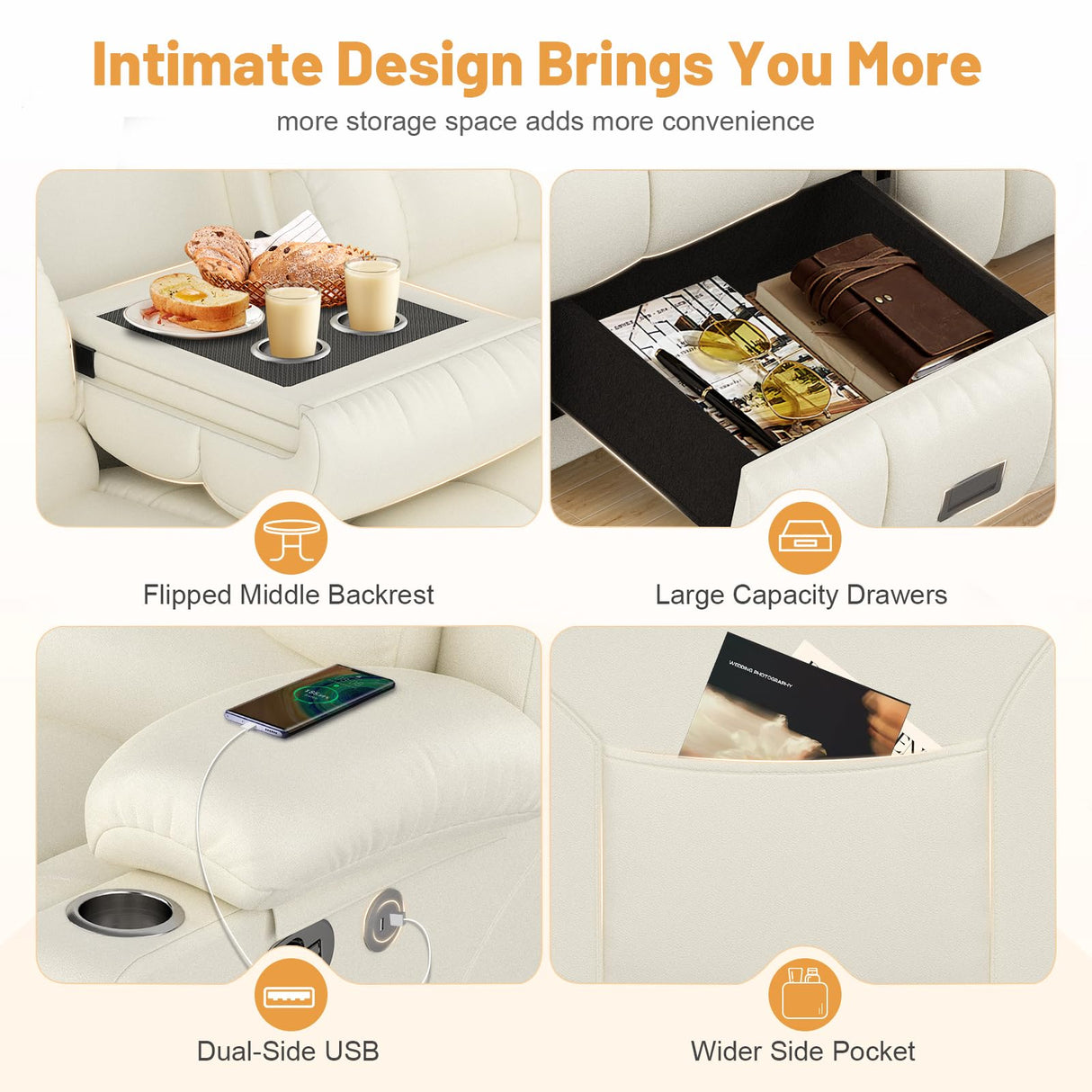 Dresegmt Loveseat Recliner Sofa, Flip Middle Backrest Design PU Leather 3 Seat Reclining Sofa with Storage Drawer, Manual Couch for Living Room (Ivory White, PU) Dresegmt