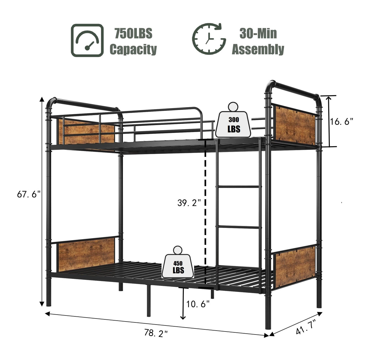 GarveeHome Metal Bunk Bed Twin Over Twin for Kids, Heavy Duty Twin Size Convertible Bunk Bed with Guardrail & Ladders, Noise Free, No Box Spring Needed, Black GarveeHome