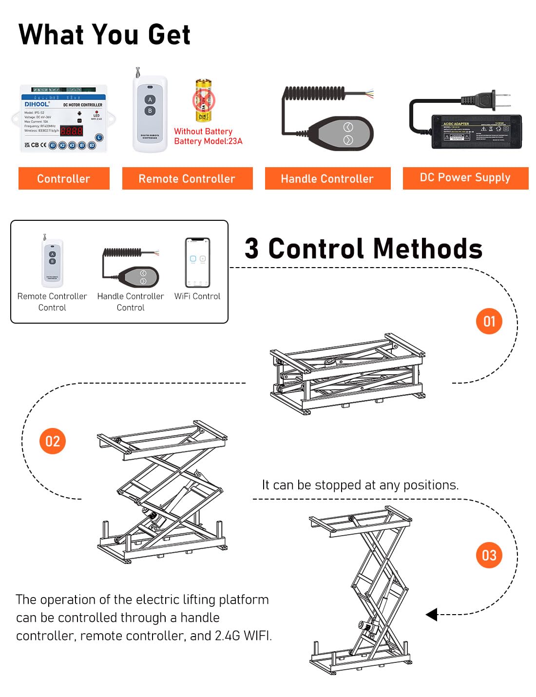 DIHOOL Electric Scissor Lift Table 140LB Load, 265-1270MM Height Adjustable Lifting Platform DIHOOL