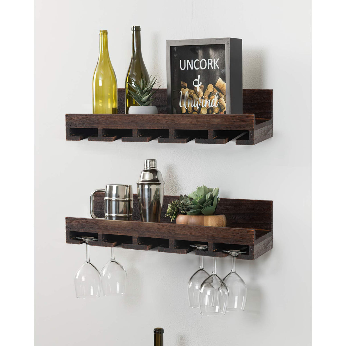 KIAYACI Wall-Mounted Wood Wine Rack 7 Bottles Wine Storage Rack 5 Long Stem Glass Holder Floating Wine Rack Brown 24 x 7.4 x 6 inches KIAYACI