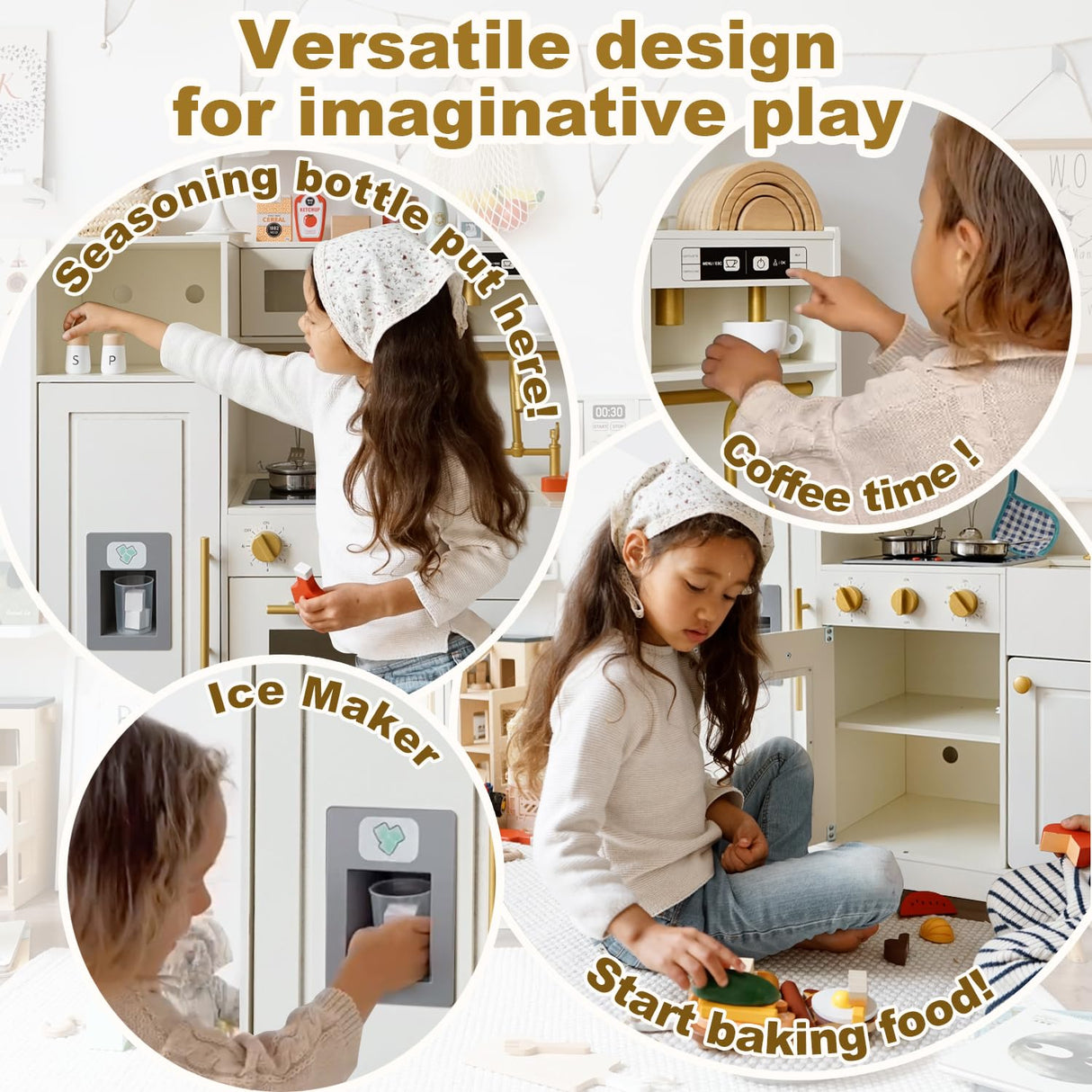 inFUNSAME Wooden Kids Play Kitchen Toy Kitchen Set with Lights and Sounds,Ice Maker,Coffee Maker and 14 Pcs Toy Food Accessories,Toddler Kitchen Playset Gifts for Boys and Girls Ages3+ inFUNSAME