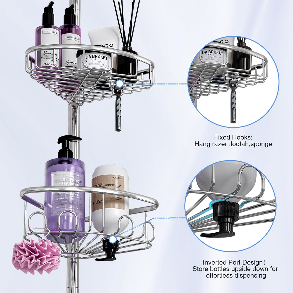Corner Shower Caddy Tension Pole: Stainless Steel Rustproof 4-Tier Shower Organizer - 47-121 inch Adjustable Bathroom Shelves for Bathtub Shampoo Storage - Tension Rod Floor Standing Bath Rack -Silver ESSEME