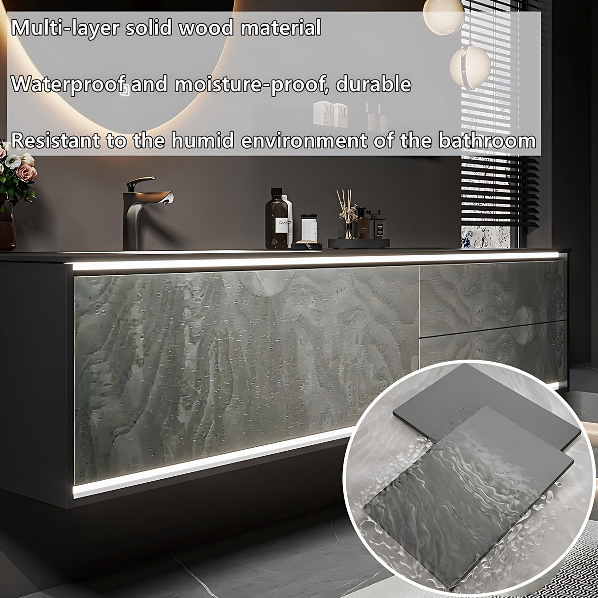 Bathroom Vanity with Sink - Single Sink Solid Wood Bathroom Sink Cabinet, LED Anti-Fog Mirror, Floating Vanity with Ample Storage, Easy Assembly, Modern Elegant Design, Wall Mount Installation (60") ZGNBSD