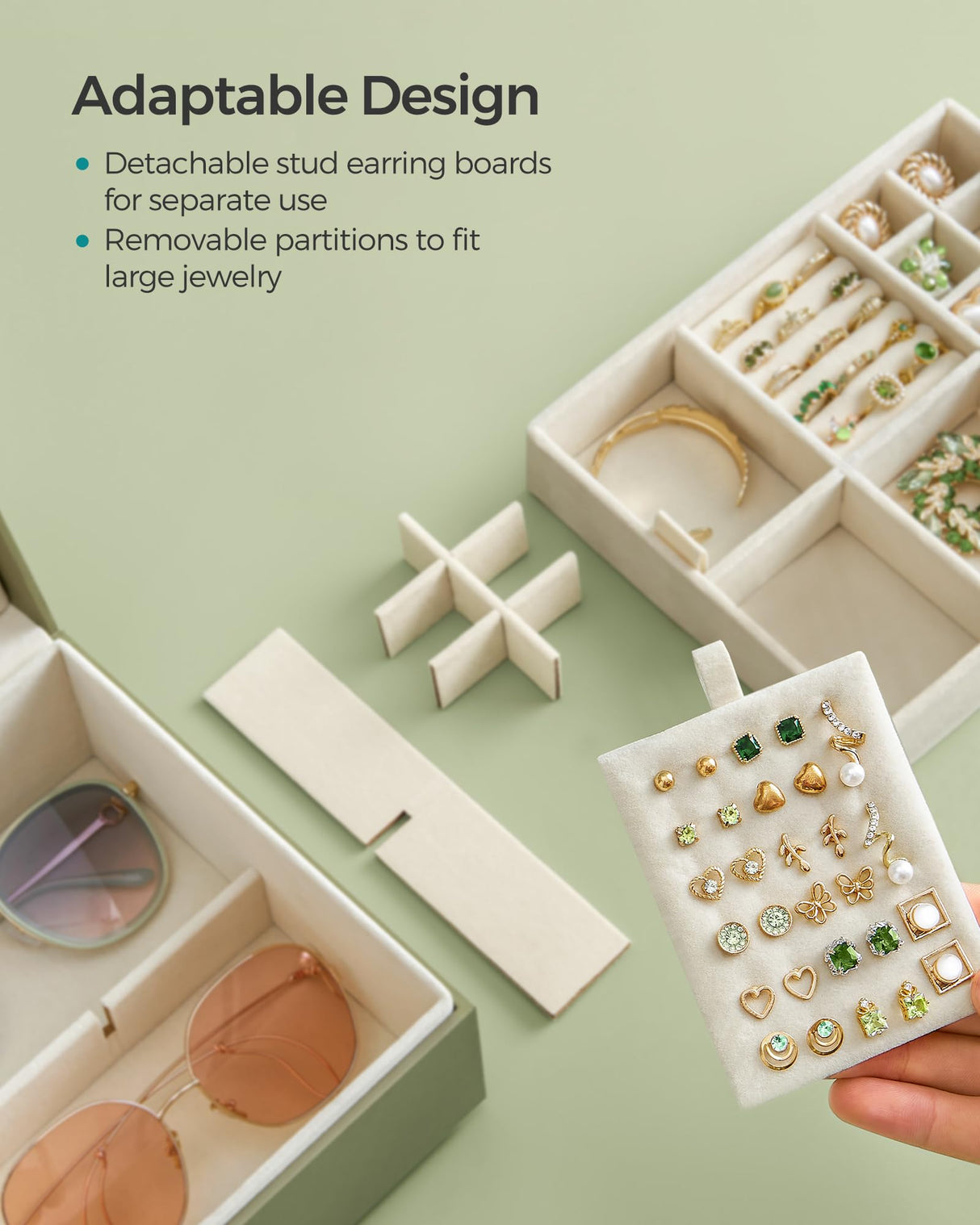 SONGMICS 2-Layer Jewelry Box, Jewelry Organizer with Handle, Removable Jewelry Tray, Jewelry Storage, Floating Effect, 8.1 x 9.4 x 4.3 Inches, Gift Idea, Laurel Green UJBC165C02 SONGMICS