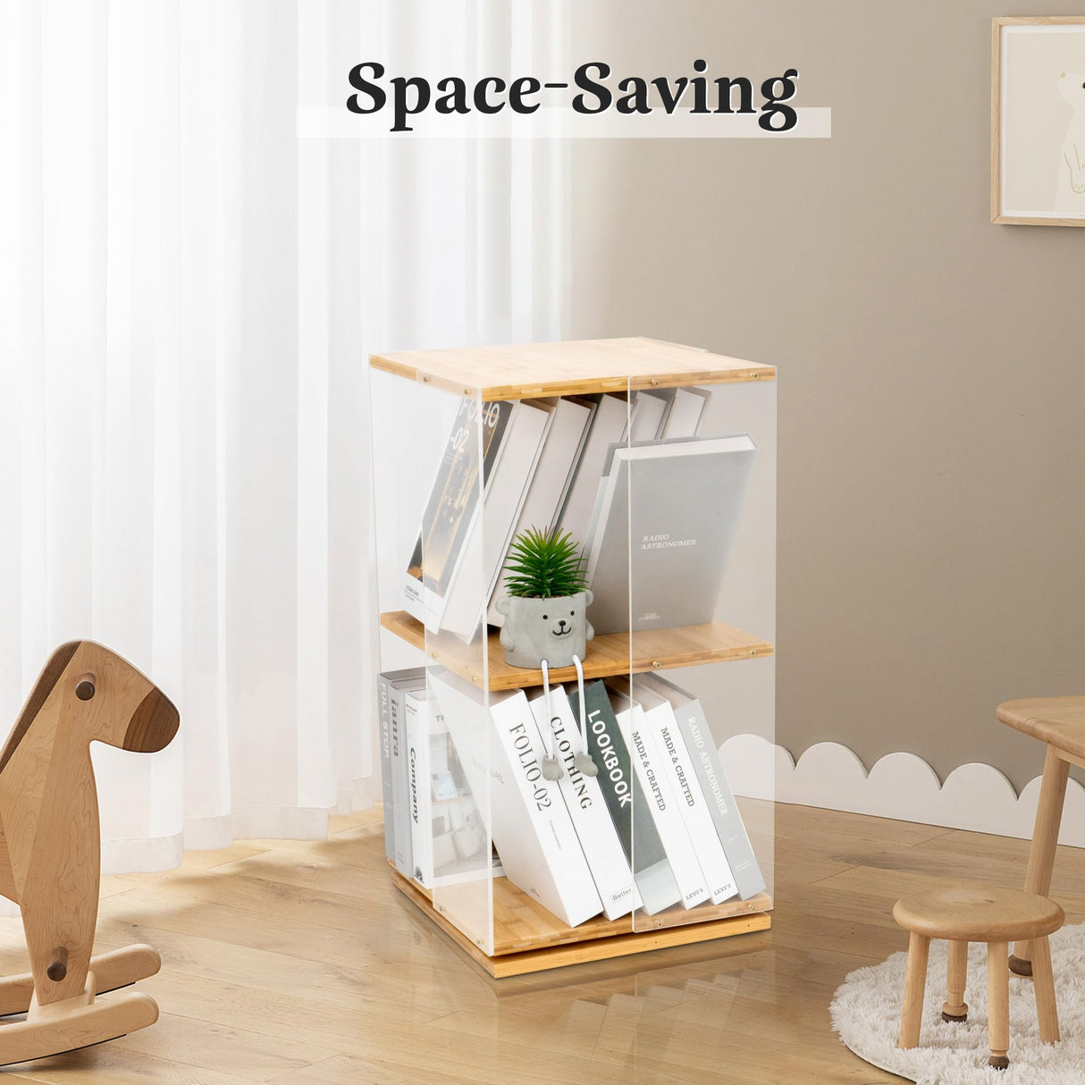MYOYAY 360° Rotating 2-Tier Acrylic Bookshelf with Doors for Modern Display MYOYAY