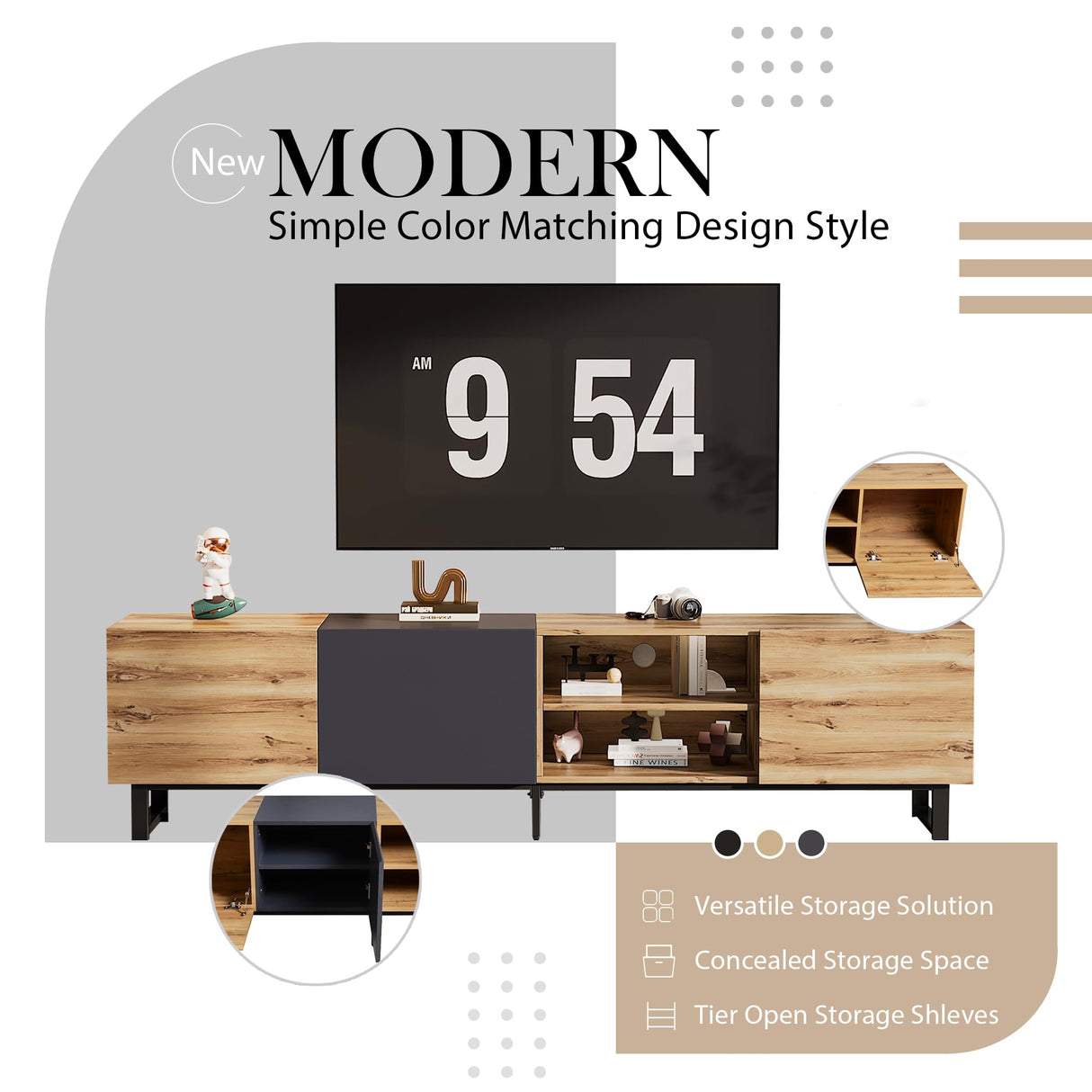 Virubi Modern TV Stand with 3 Cabinets & Open Shelves, Minimalist Wooden Entertainment Center for TVs Up to 80”, Sturdy TV Console for Living Room Bedroom Decor Virubi