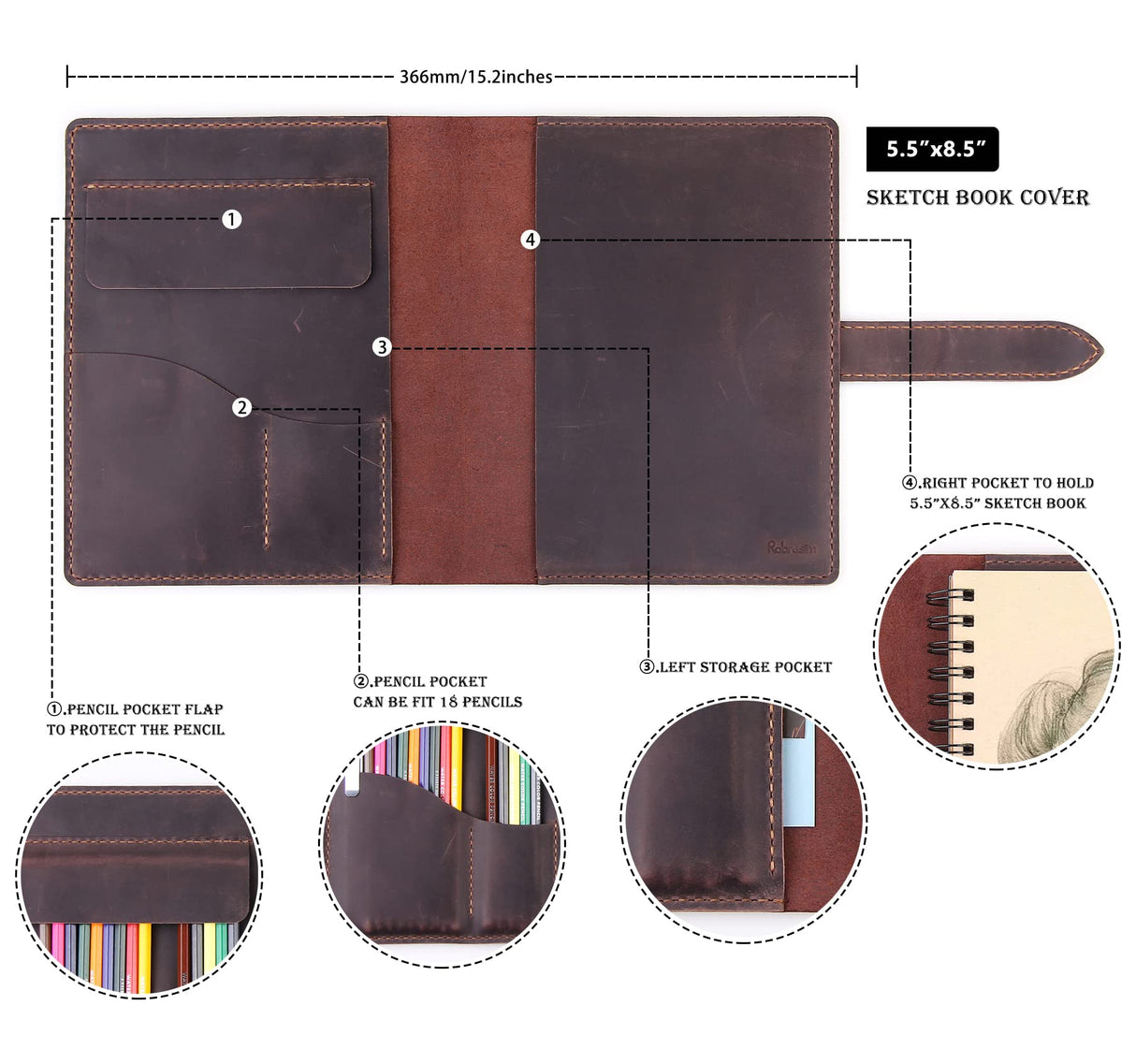 Robrasim Handmade Leather Sketchbook Cover, Leather Artist Sketch Pad Cover for 5.5" x 8.5" Sketchbook, Drawing Book and Pencil Case, Journal Notebook Portfolio, Artis Gifts-Coffee Robrasim