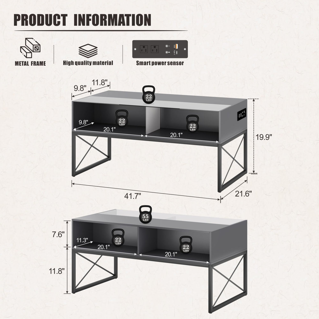 Glass Coffee Table with Storage, Grey Mid Century Modern Coffee Table for Living Room, Smart Led Light Wood Coffee Table HWB