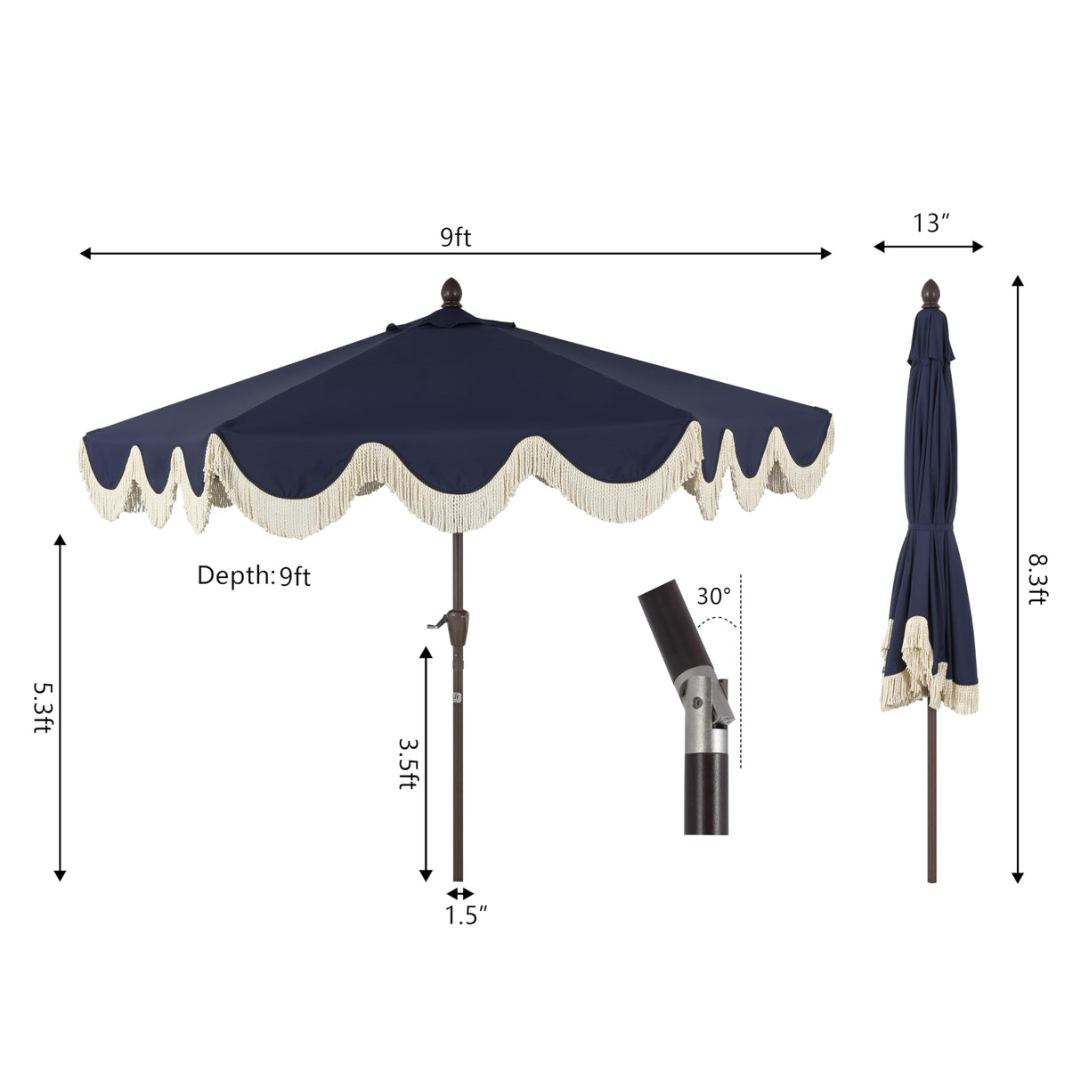 JONATHAN Y UMB1001D Collins 9 ft. Classic Cottage Tassel Market Patio Umbrella with Auto-Tilt, Crank, Wind Vent and UV Protection in Navy/Cream JONATHAN Y