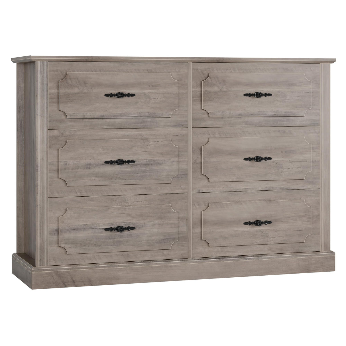 finetones Wood Dresser 6 Drawer, 47.2'' Grey Dresser Farmhouse Dresser Chest of Drawers with Designed Drawer Surfaces, Grey Dresser with Deeper Drawer, Ash Grey finetones