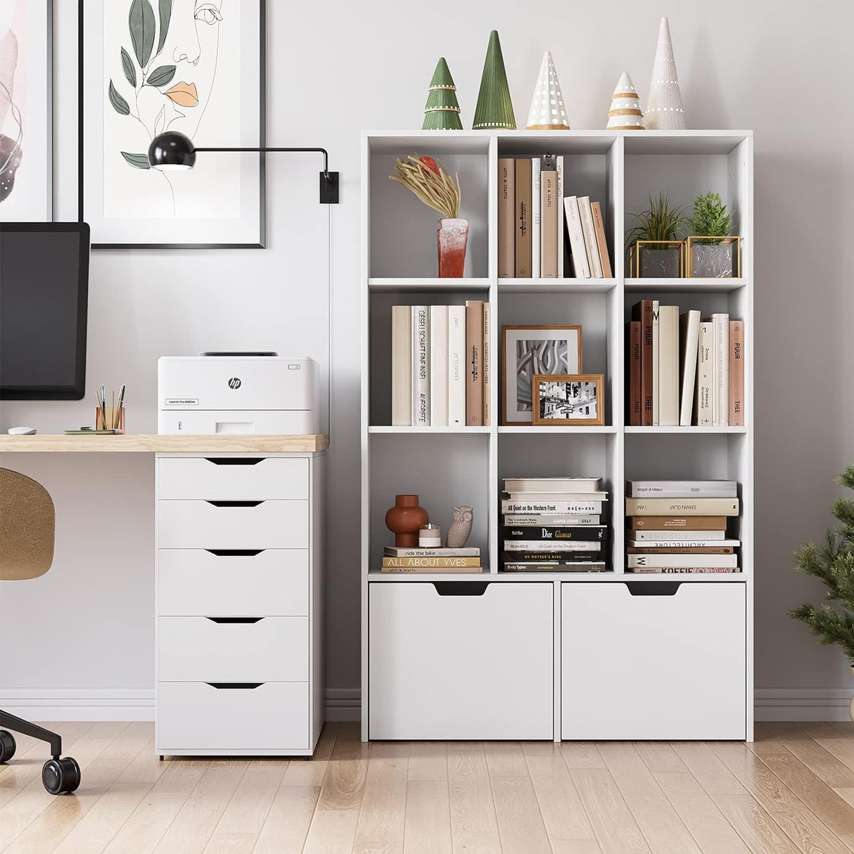 Modern White Bookshelf with Drawers and 9 Cubes by IDEALHOUSE, Versatile Storage Organizer for Home and Office IDEALHOUSE