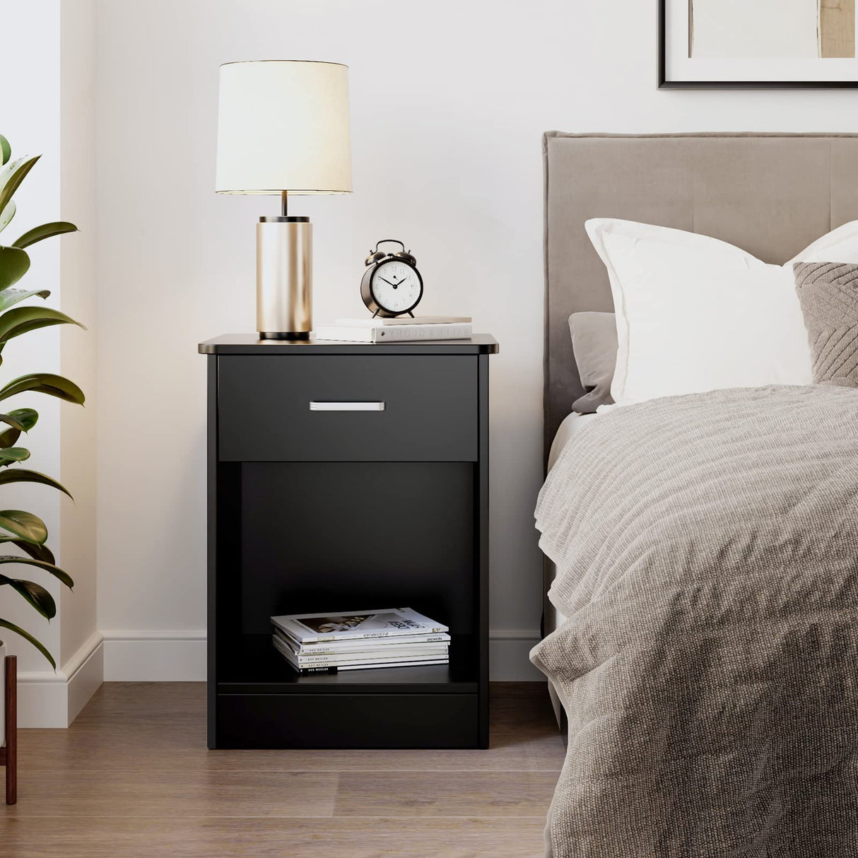 FOTOSOK Nightstand, Set of 2, 2-Tier Side Table with Drawer and Storage Shelf, Bedside Table End Table, Modern Night Stand for Bedroom, Home Office,Black FOTOSOK