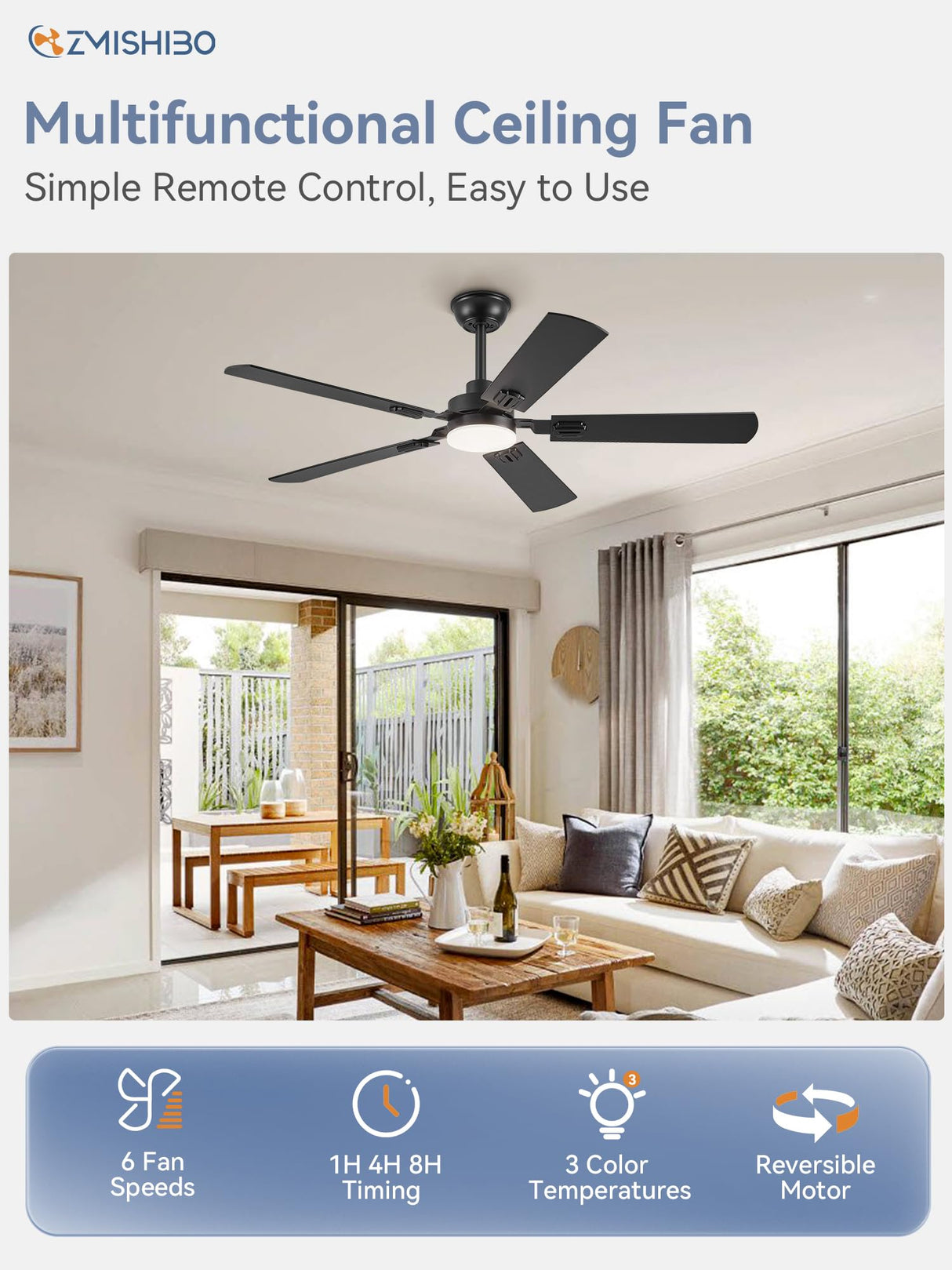 ZMISHIBO 52" Ceiling Fans with Lights, Black Modern Ceiling Fan with Remote, Farmhouse Indoor Ceiling Fan with Dual Finish Blades, Quiet & Strong Motor, Bright LED Light. ZMISHIBO