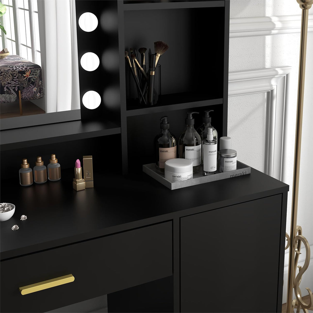 Vanity Desk, Vanity Mirror with Lights and Table Set with 1 Big Drawers, 1 Cabinet & 4 Shelves Makeup Vanity Set 3 Lighting Modes Brightness Adjustable Dressing Table (Black) Panana