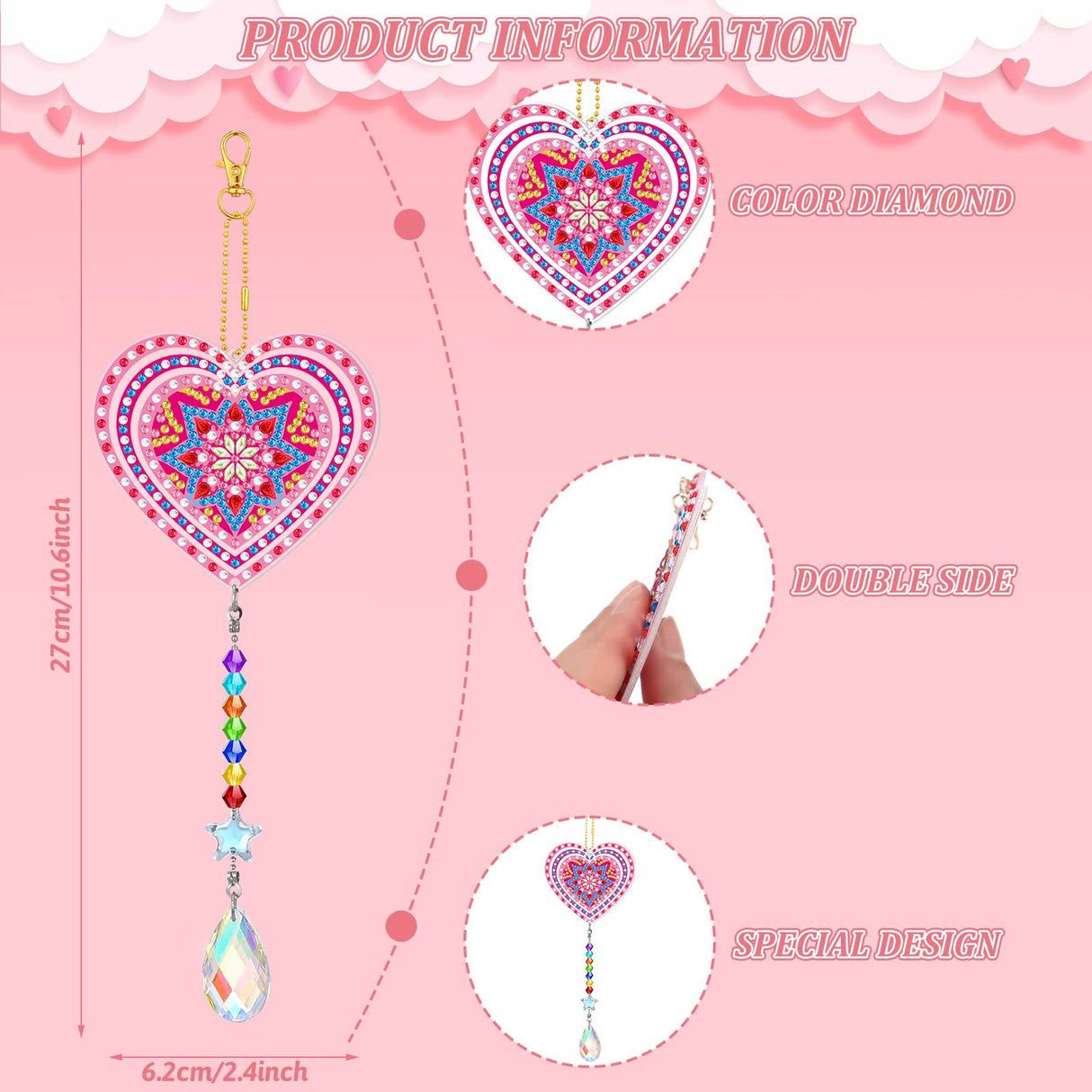 Perthlin 6 Pieces Pink Heart Diamond Art Kits Double Sided Heart Suncatchers Wind Chimes Diamond Art Ornaments for Craft Gifts Hanging Accessories Perthlin