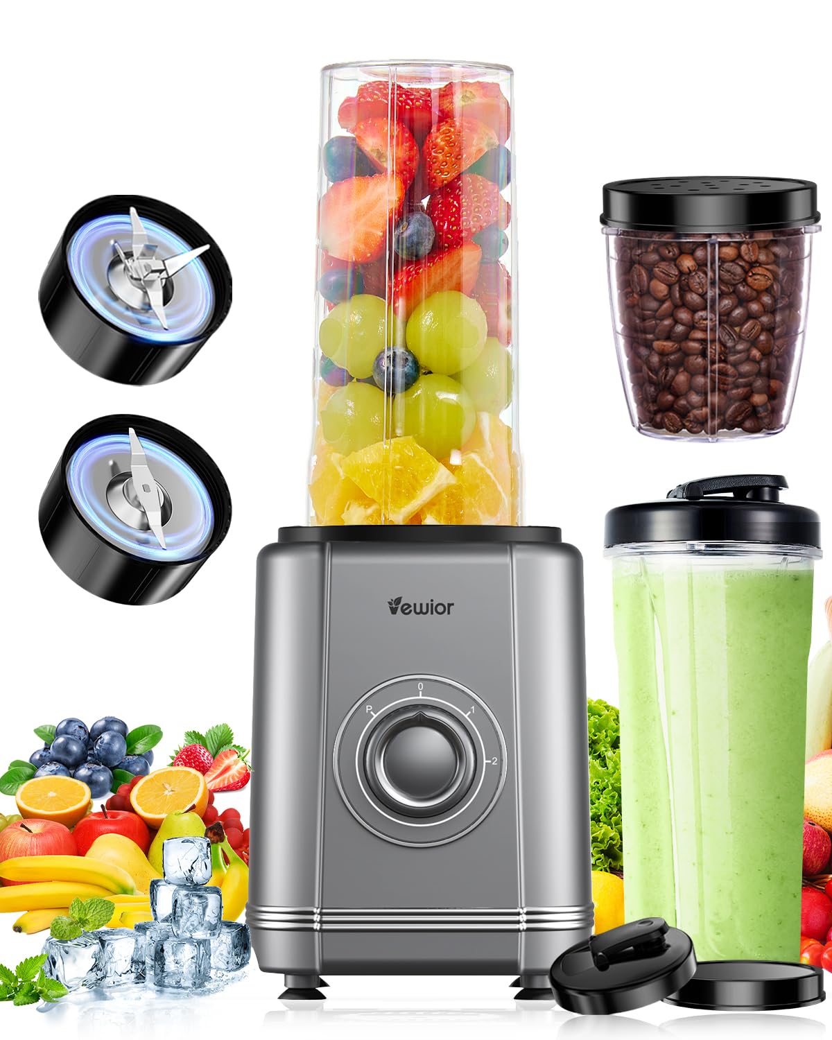 VEWIOR 1200W Blender for Shakes and Smoothies, Personal Blender with 6-Edge Blade, 22oz*2 BPA Free To-Go Cups, 3 Modes Control, Suitable for Kitchen, Ideal for Frozen Drinks, Sauces VEWIOR